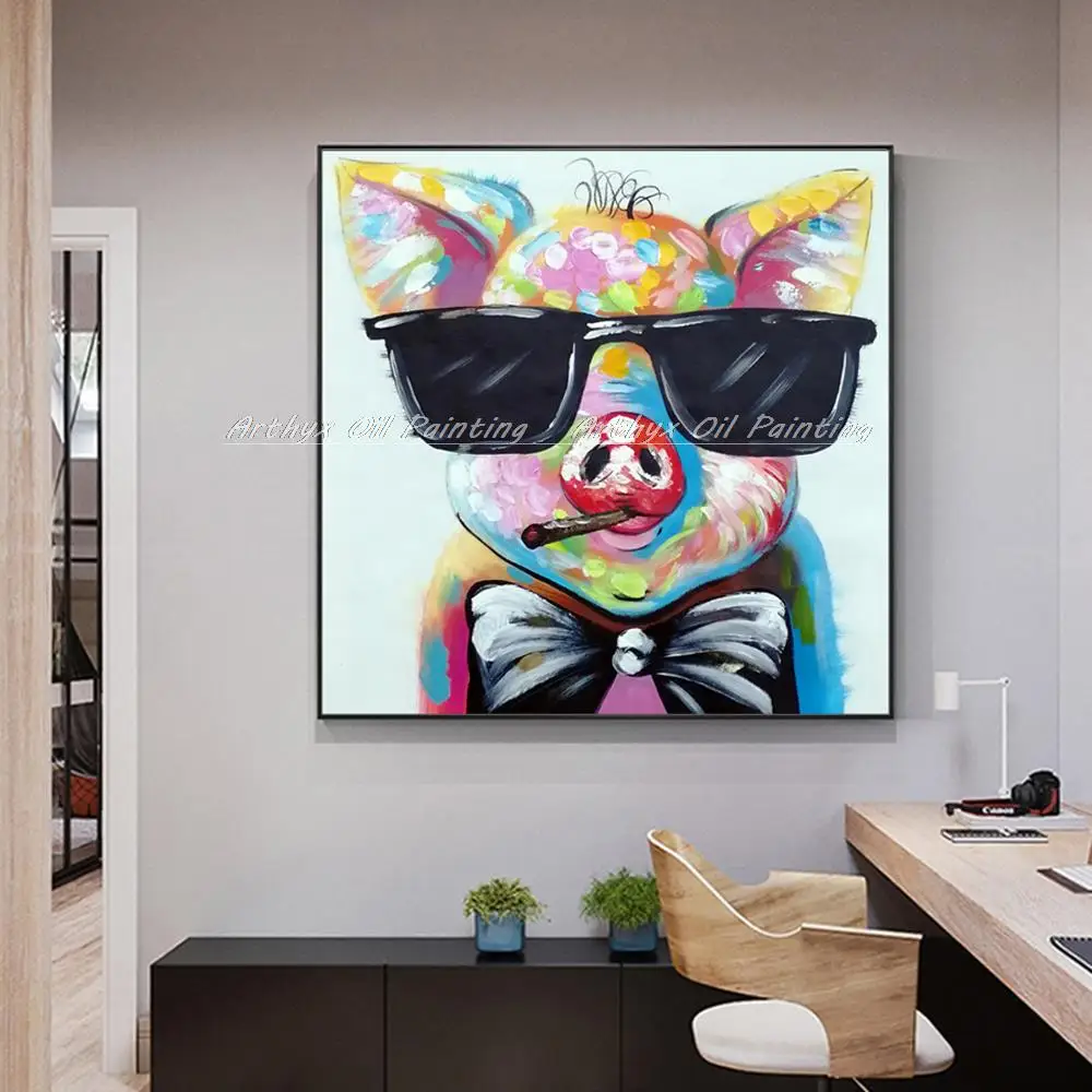 

Arthyx Original Pop Art Handpainted Piggy Animal Oil Painting On Canvas,Abstract Pig Wall Picture For Kid's Room,Home Decoration