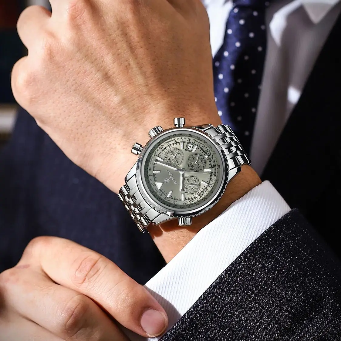 POEDAGAR Jam Tangan Kuarsa Pria Modis Jam Tangan Pria Bercahaya Tahan Air Baja Tahan Karat Jam Tangan Chronograph Tanggal Multifungsi untuk Pria