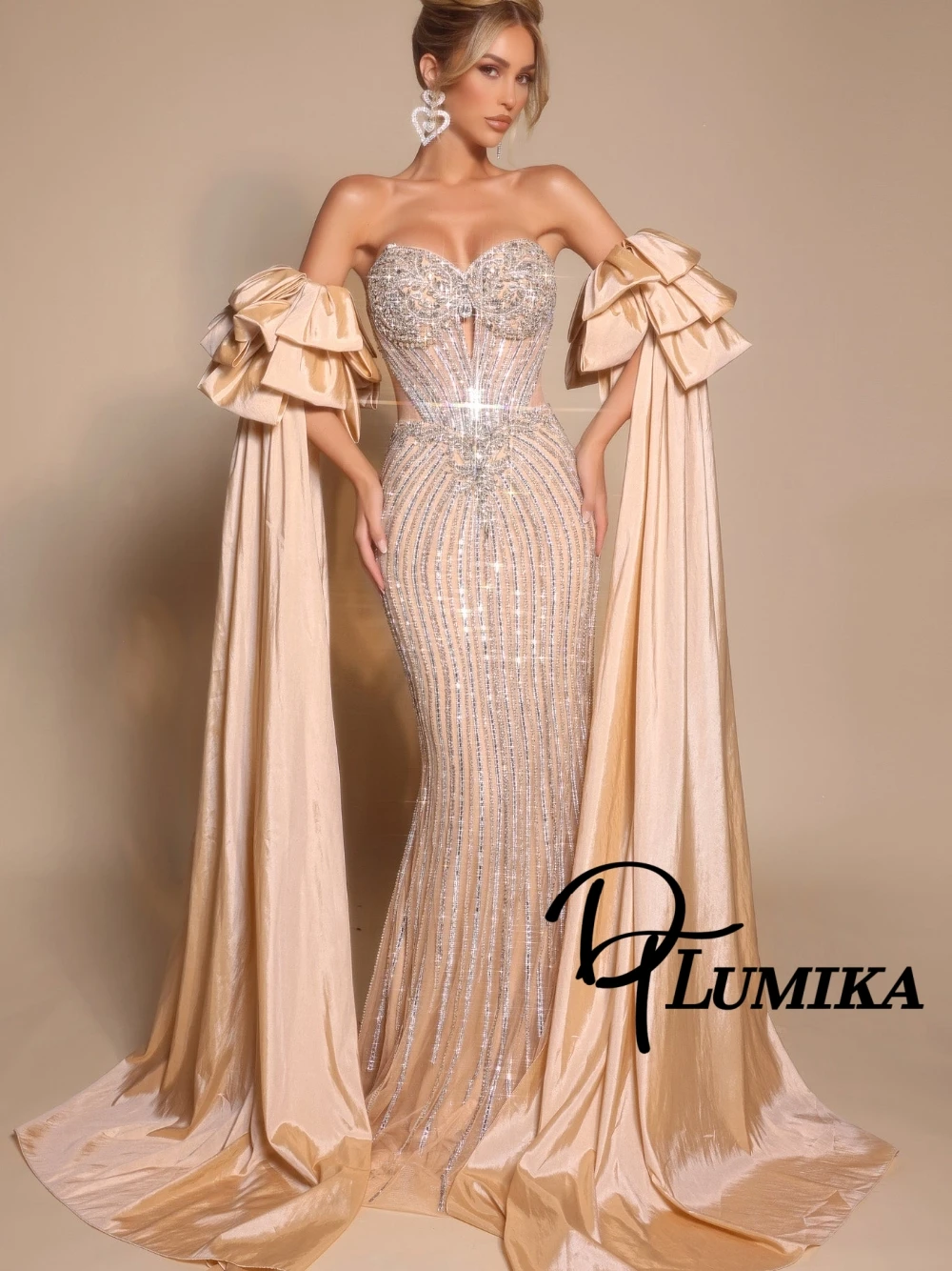 

Объемное вечернее платье с накидкой и рюшами на рукавах, потрясающее вечернее платье с вырезом в форме сердца, блестящее изысканное платье русалки с бисером, платье для выпускного вечера по индивидуальному заказу