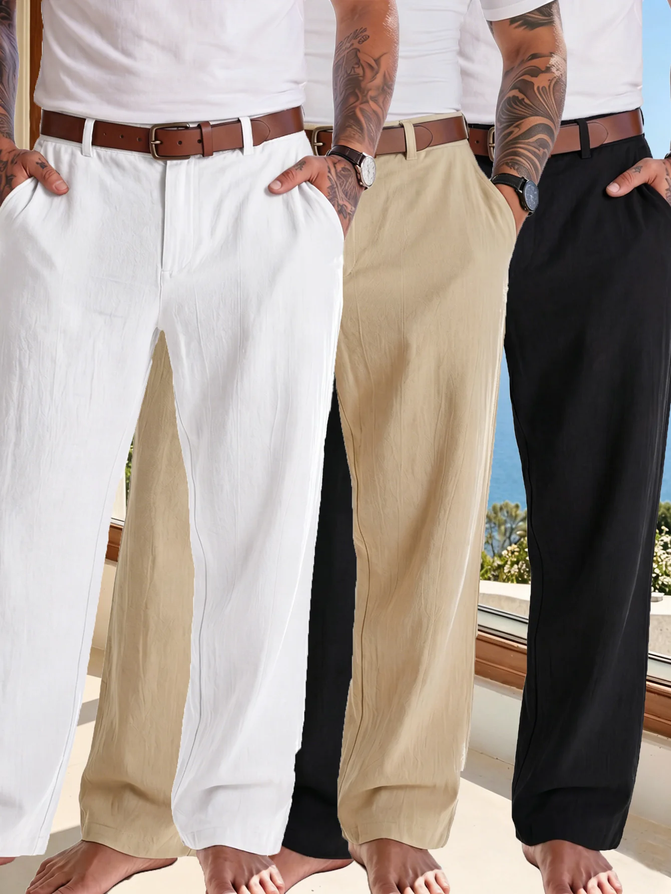 3-Piece Set of Men's Straight-Leg Linen Casual Pants for Refreshing Summer Business Style