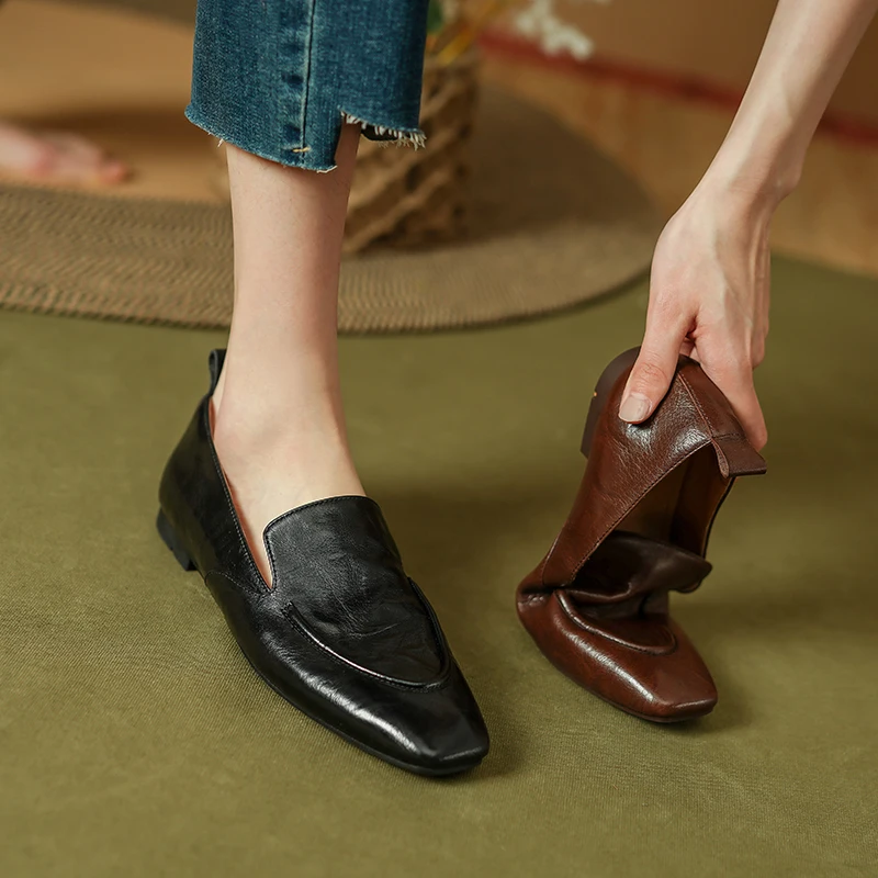 

Fashionable stitching textured genuine leather square toe deep mouth comfortable flat heel slip-on shoes for women
