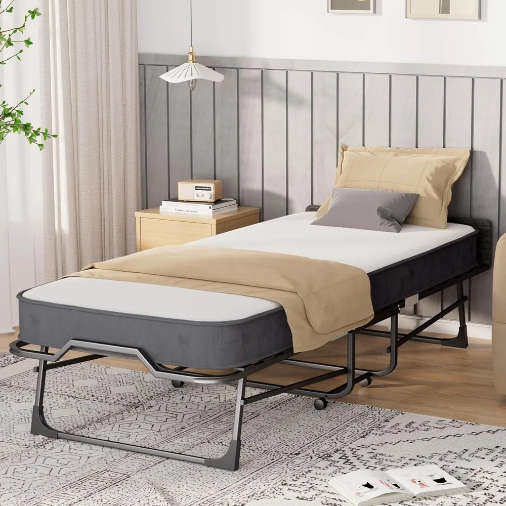 سرير ضيوف قابل للطي مع لوح رأسي، مقاس 75 × 31، 5 مرتبة، سهل الحركة، إطار معدني قوي #2