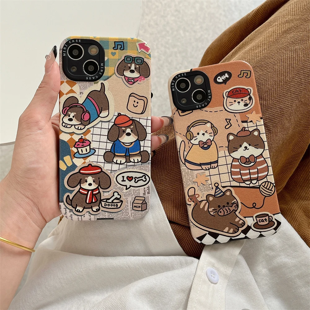 Funda de piel de oveja suave con diseño de perro y gato para iPhone 16 15 14 13 12 11 Pro Max XS X XR 14 15 Plus, funda a prueba de golpes