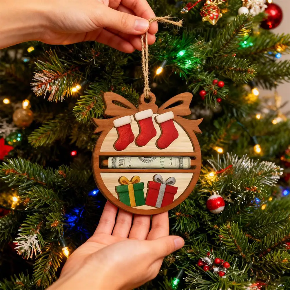 هدية مشبك نقود خشبي مصنوع يدويًا، موزع مشبك حامل نقود عيد الميلاد للنقود مع سحر شجرة مباركة، زخرفة محفظة سانتا