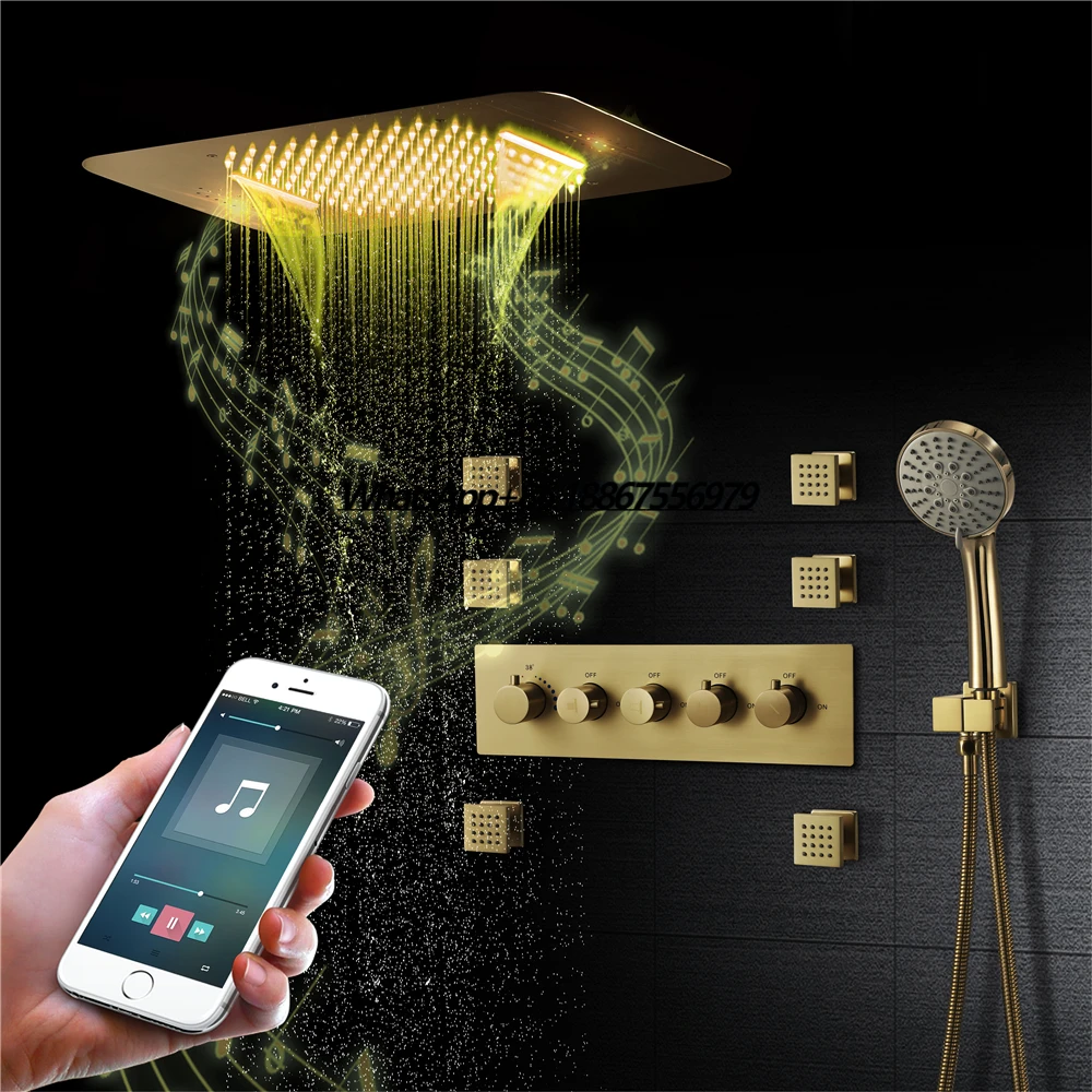 

Music LED Rain Shower Head System Brushed Gold Rainfall Shower System Bathroom Shower Faucet with Thermostatic Mixer Valve