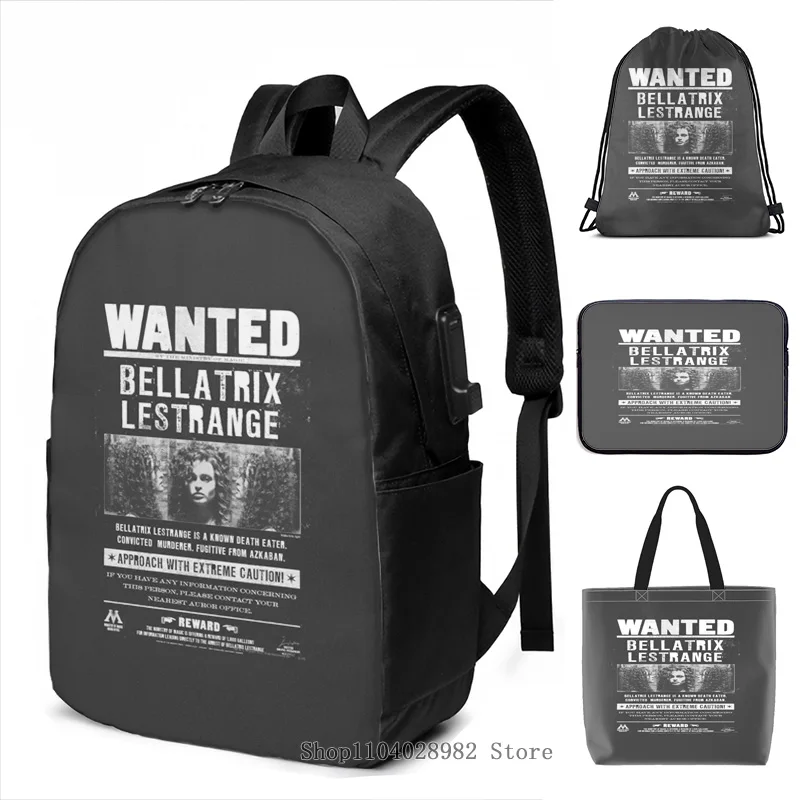 Funny Graphic Print wanted bellatrix lestrange USB Charge Backpack men School bags Women Tote Bags Travel laptop bag