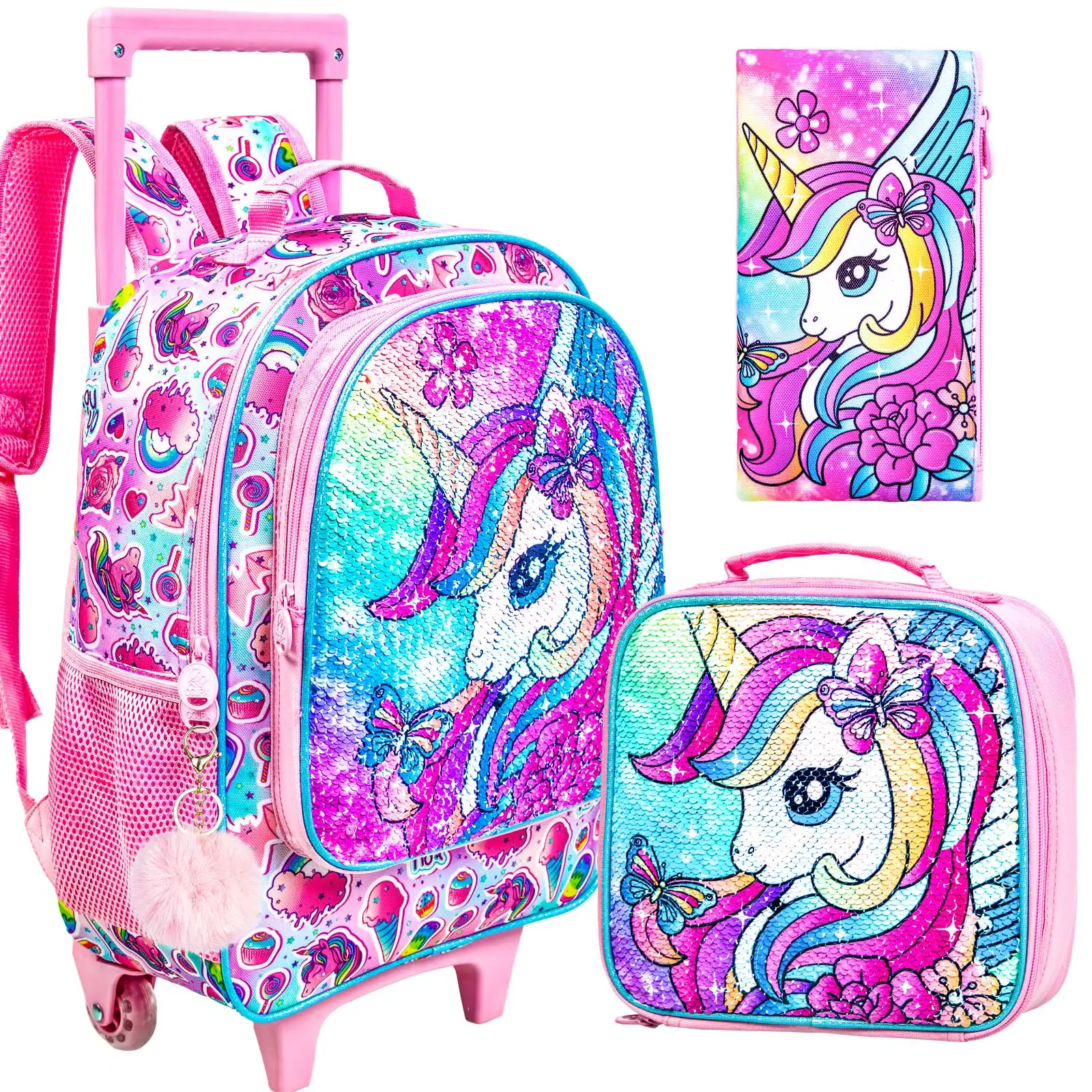 3Pcs Unicorn Rolling Backpack for Girls, Kids School Backpacks with Wheels, Roller Bookbag with Lunch Box for Elementary Prescho