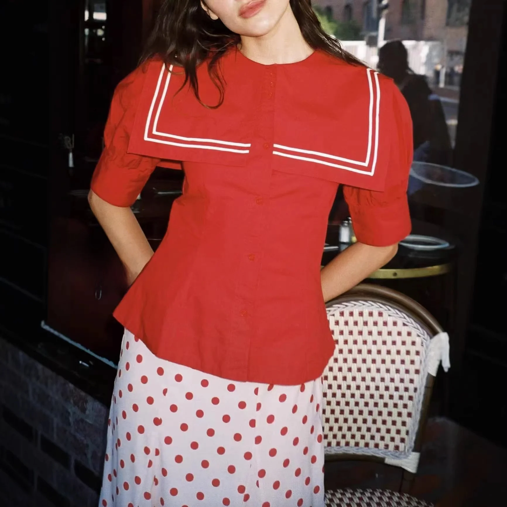 

Faionable Red Sailor Collar Bubble Sve ort Sve irt Waist Cinched Color Blo Top Women's Cotton irt Spring Summ...