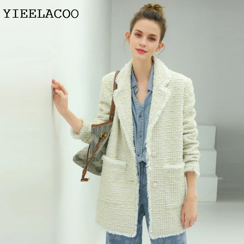 معطف نسائي باللون البيج معطف تنحيف عطري من التويد معطف جديد للربيع والخريف مناسب تمامًا قطعة واحدة