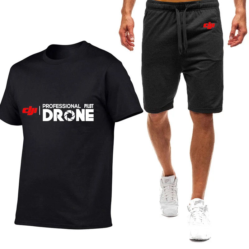 Dji Professional Pilot Drone 2025 New Men's Summer Nine Color Short-sleeved Set Trendy T-shirt+Fashion Shorts Suit