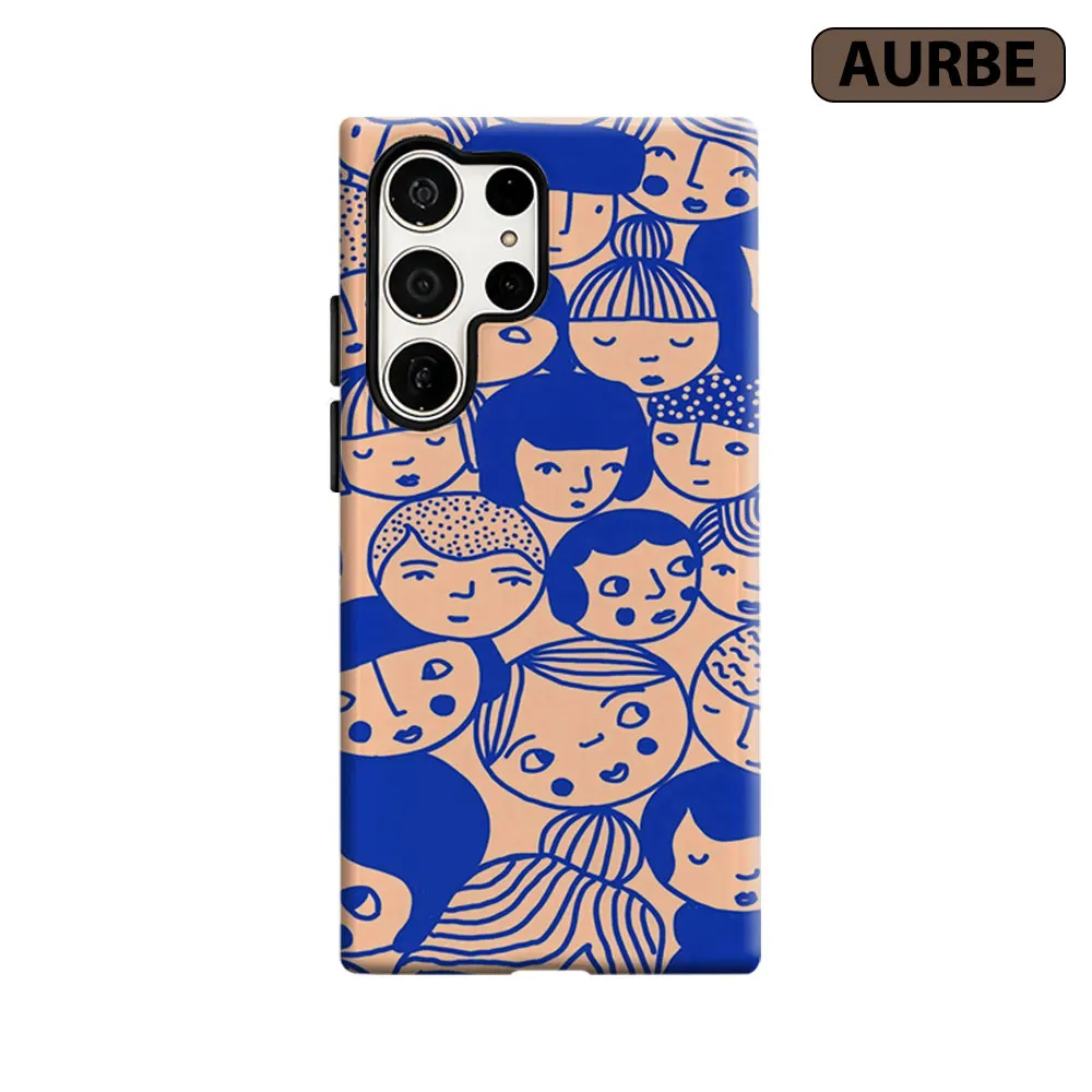 Aurbe Phone Case For Samsung Galaxy S26 S25 S24 S23 Ultra Plus HD Hard Blue Lined Cartoon Faces Double Layer Film Cover