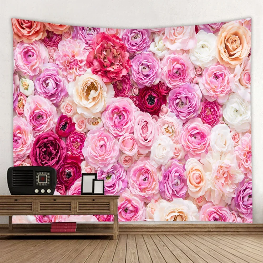 

Landscape Pink Flower Tapestry Plant Rose Cloth Large Wall Tapestry Bohemian Aesthetic Bedroom Home Decoration