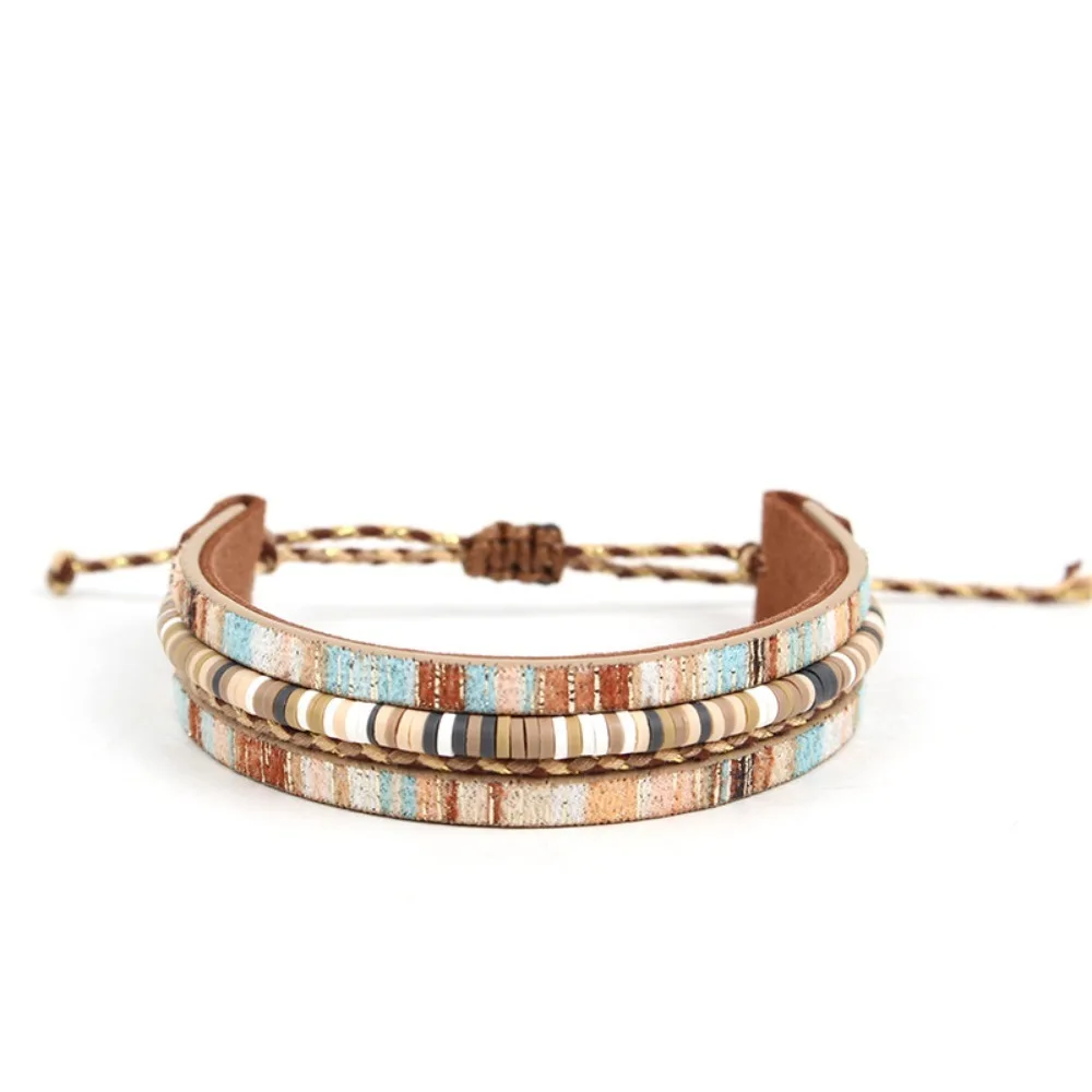 Women Boho Multicolor Strip Faux Leather Wrap Bracelet Disc Bead Adjustable Drawstring Cuff Casual Daily Western Jewelry Gift