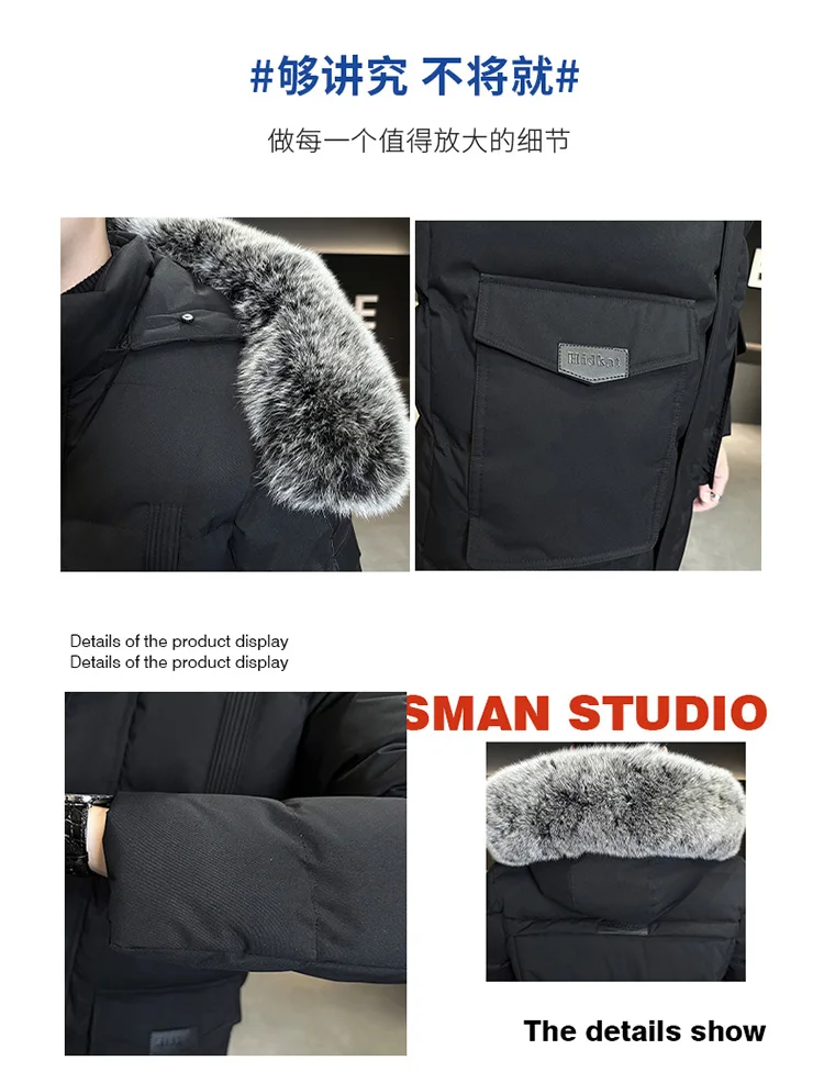 Autumn Winter Main Push Mid Length Solid Color Hooded Cotton Coat For Men Plus Size Korean Style Thick Warm Unisex Youth Trendy