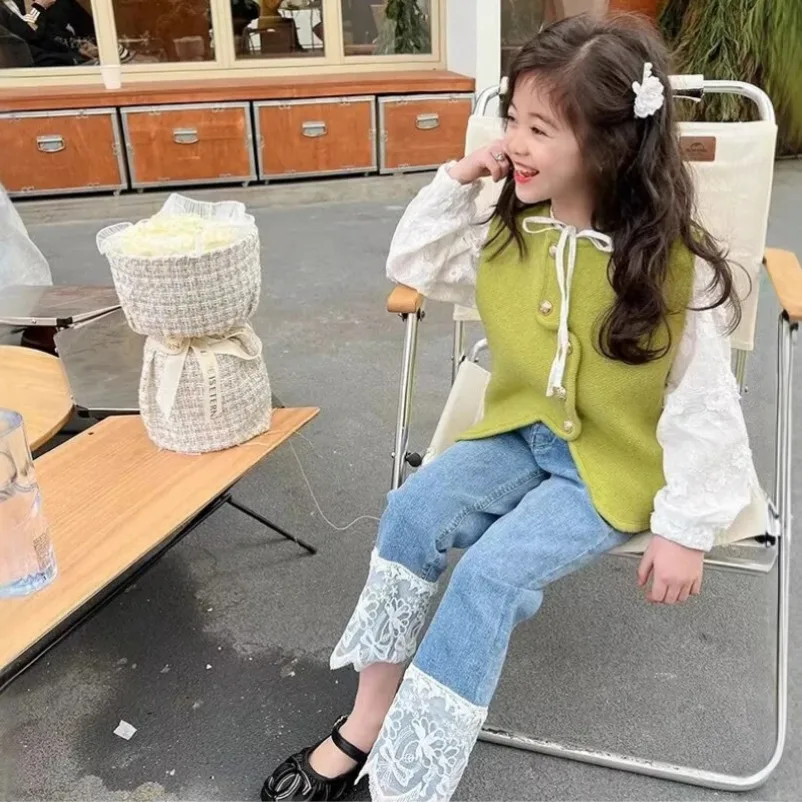 ربيع 2015 الاطفال الجينز فتاة الدانتيل السراويل الاطفال 2-7 سنة الفتيات السراويل الأطفال أزياء جديدة الخريف الملابس