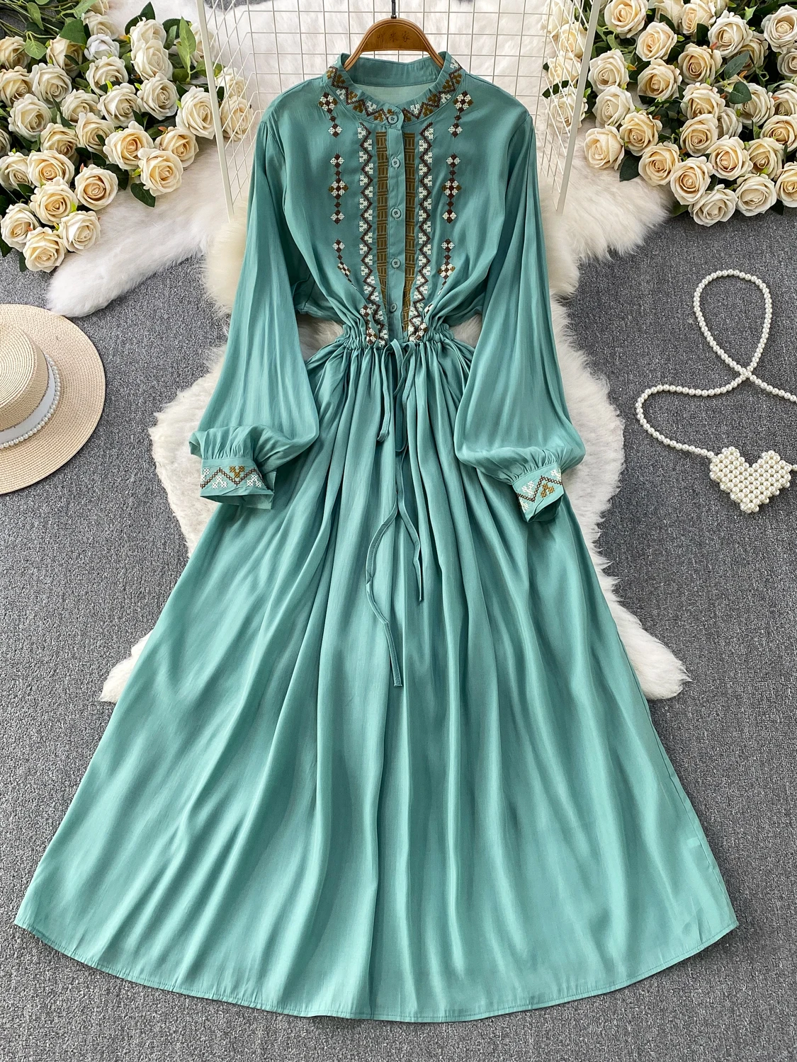 Ethnic Fashion Dress - 레트로 자수 라운드넥 드레스 여성 여름