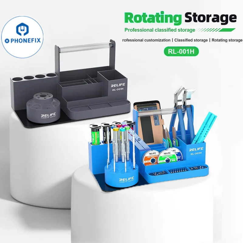 Relife RL-001H 360° Rotating Tool Storage Box Accessories Organize Rack Multiple Partitions Stepped Storage Handle Tool Place