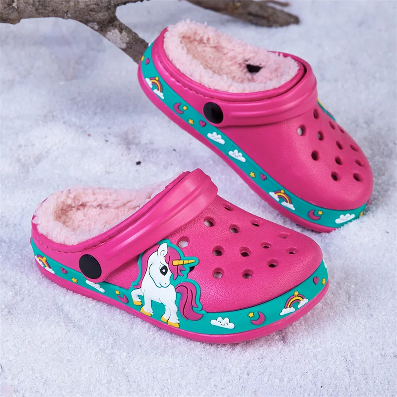 Children Fur Slippers New Design Luxury Girls Sandals Cotton Shoes Size 26-33 Fashion Lightweight Waterproof Baby Girls Clogs