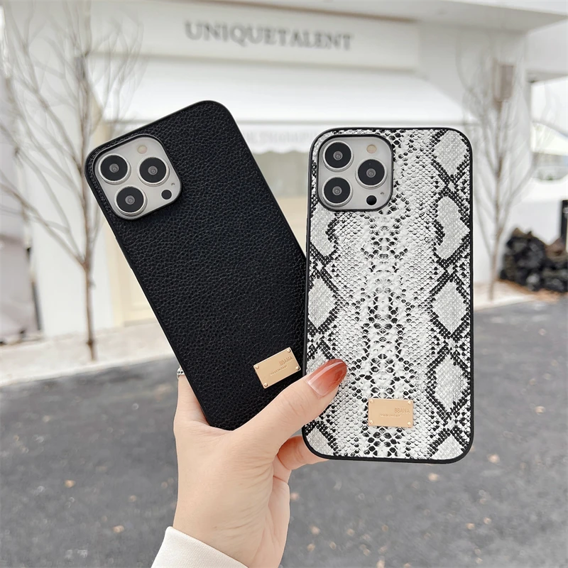 3D Luxury Leopard Snake Crocodile Metal Label Phone Case Protect for iPhone 15 13 12 11 14 16Pro Max XS XR Texture Leather Cover