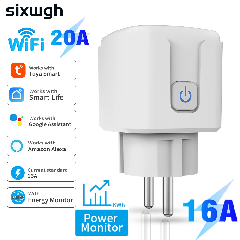

SIXWGH Tuya Умная домашняя система 16A Wi-Fi Умная розетка EU Plug-дистанционное управление Таймер Монитор мощности Совместим с Google Home Alexa