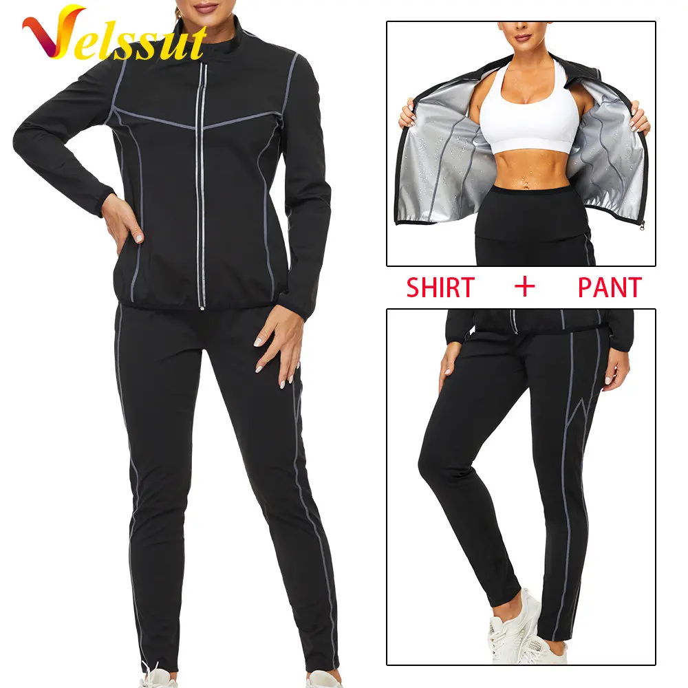 

Velssut Sauna Set for Women Weight Loss Suit Sweat Top Leggings Fitness Jacket Trousers Ladies Fat Burner Sportwear Body Shaper