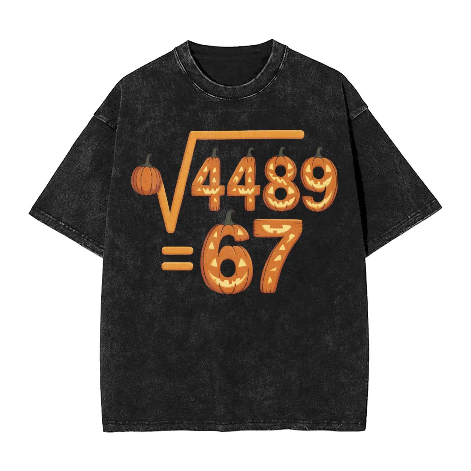 SQUARE ROOT 4489 IS HAUNTED BY 67 HALLOWEEN PUMPKIN Men's T Shirts Washed Short Sleeve Crewneck T-Shirt Cotton Gift Idea Clothes