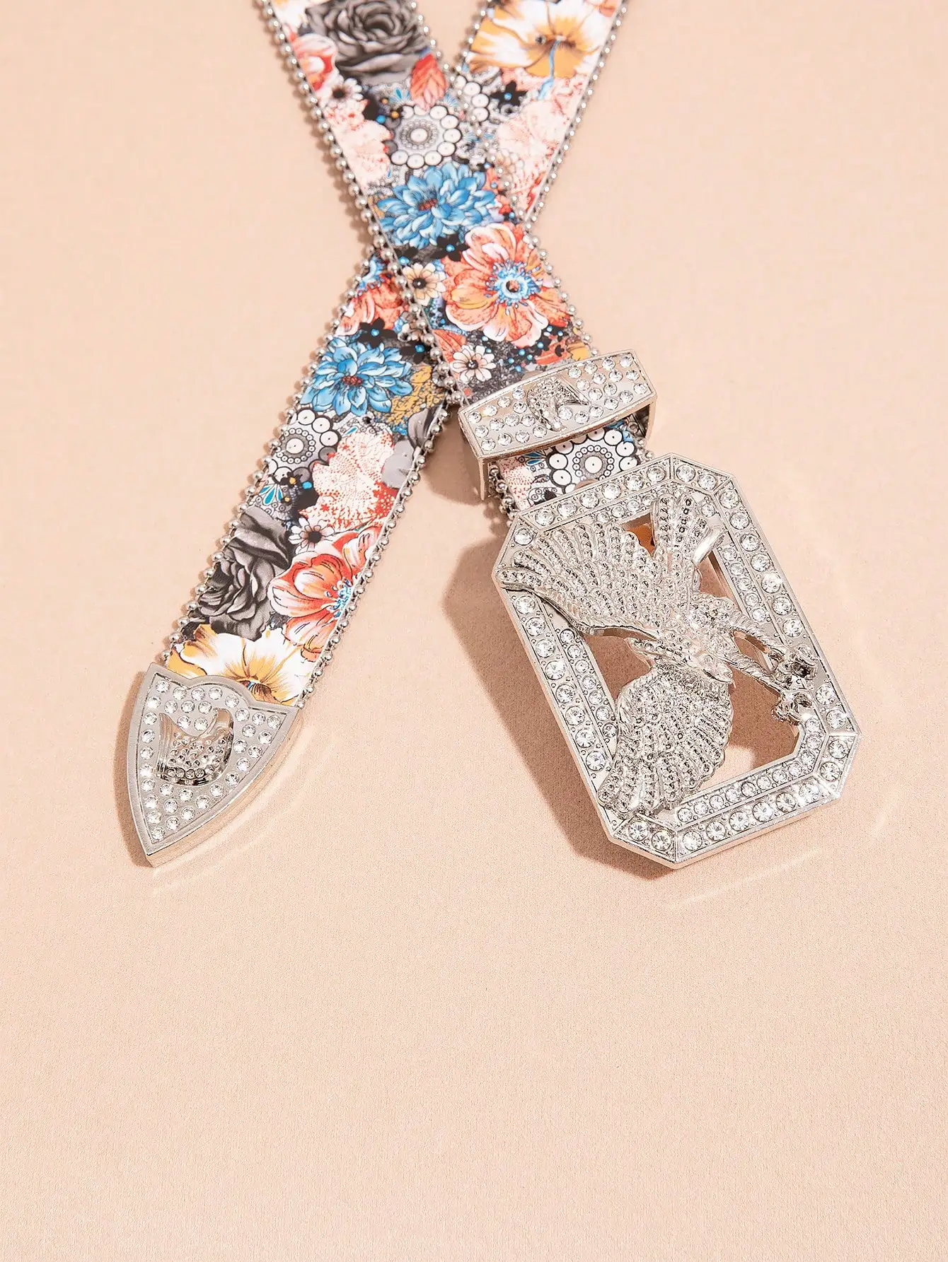 1 قطعة حزام نسائي متعدد الألوان من حجر الراين اللامع على شكل نسر معدني بإبزيم معدني ملون مطبوع عليه زهور، حزام مزخرف متعدد الاستخدامات للجينز #3