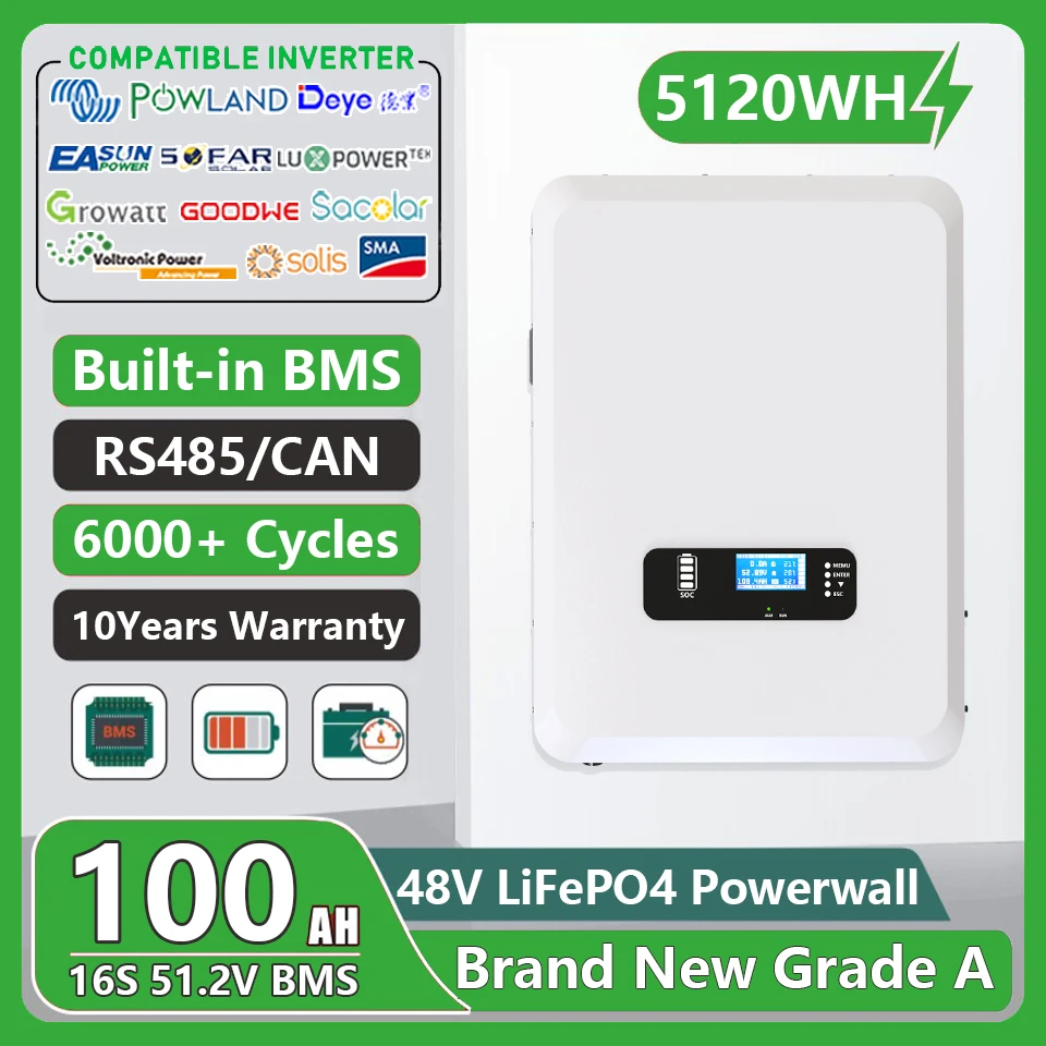 

New LiFePO4 48V Powerwall 100Ah 5120Wh Battery Pack Buil-in 16S 100A Smart BMS Grade A Cells 100% Capacity 6000+ Cycle EU NO TAX