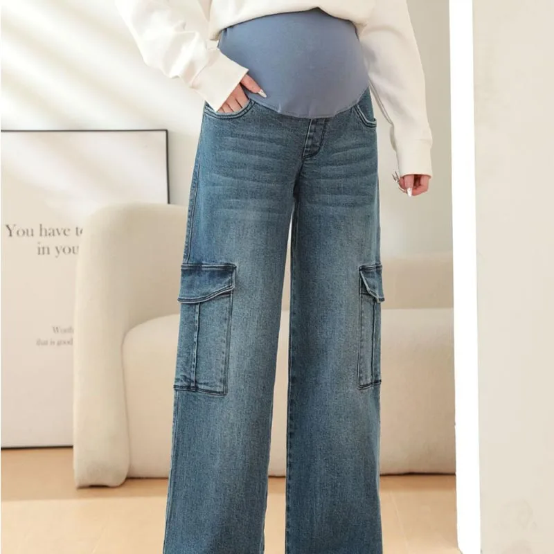 2025 Maternity Vintgae Washed Denim Jeans for Pregnant Women Clothes Elastic Waist Belly Loose Pants Pregnancy Clothing Clothe