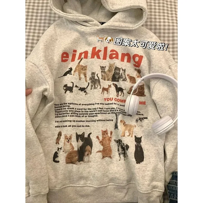 Grunge Cartoon Cat Dog Print Vintage Women Loose Casual Harajuku Long Sleeve Hoddies Preppy All Match Sweatshirts