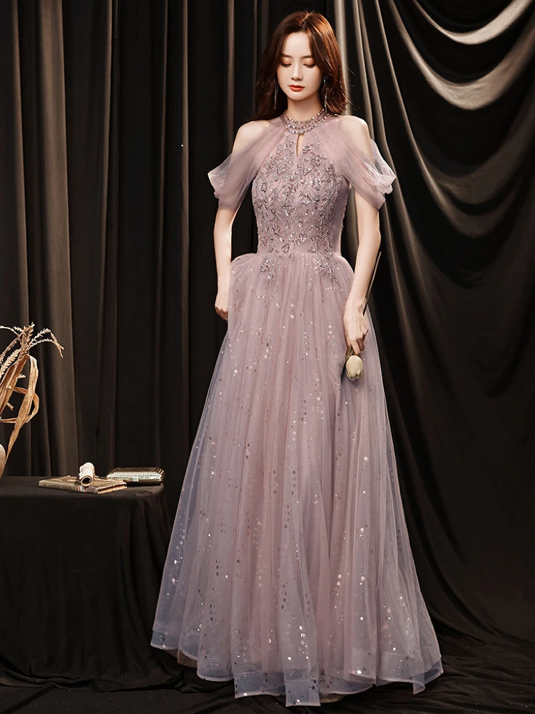 Robe de soirée élégante rose violet, Champagne, paillettes brillantes, col licou, épaules dénudées, ligne A, fermeture éclair appliquée, cérémonie de bal pour femme