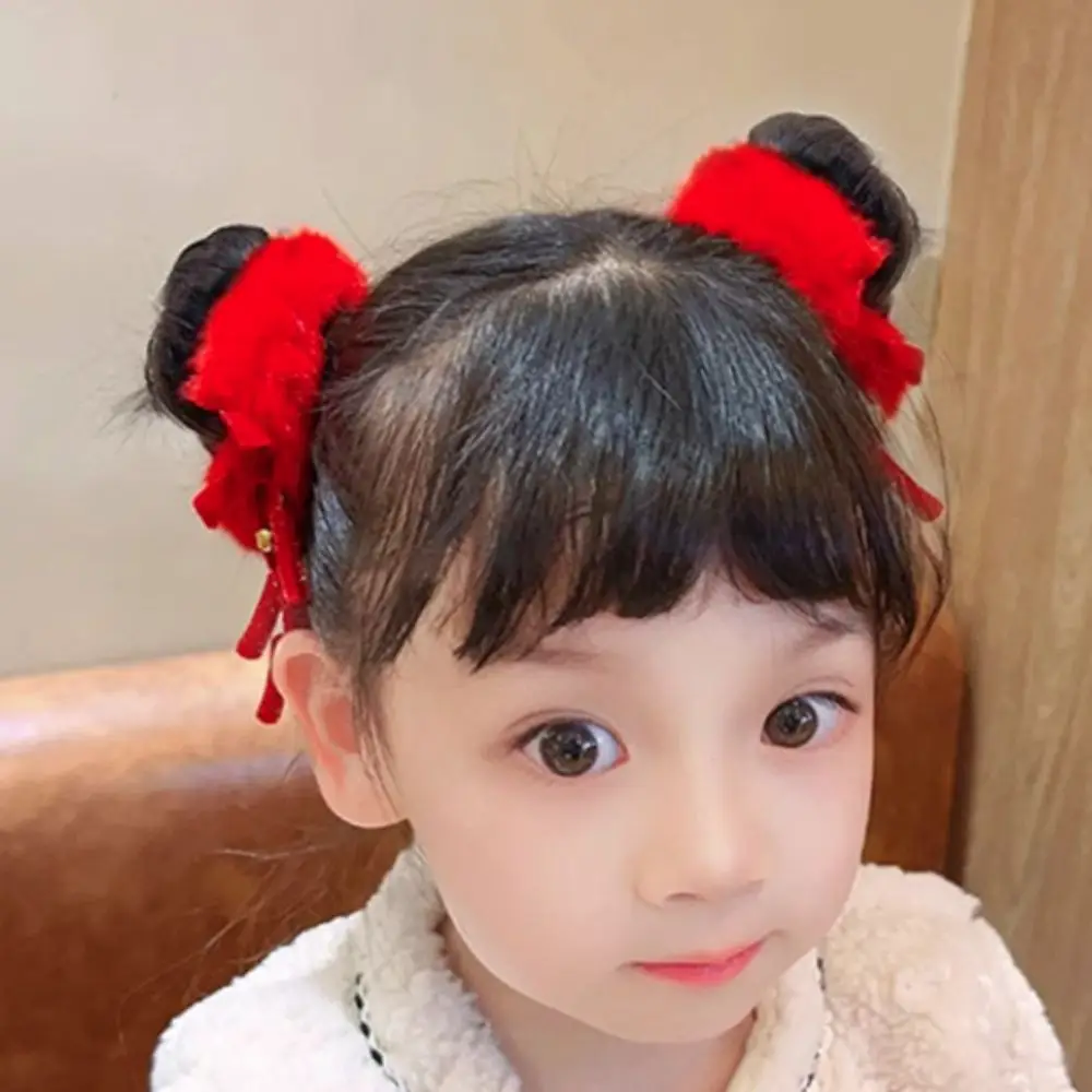 2pcs Ancient Style New Year's Red Plush Hair Rope Universal with Tassel Chinese Children Hair Band Elastic Girl Headwear Hanfu