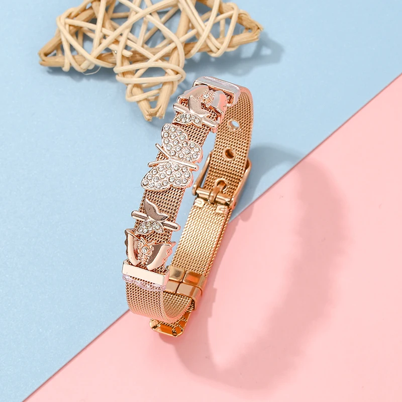 Stainless Steel Mesh Bracelets For Women Men Watch Chain Butterfly Charm Beads Brand Bracelet Bangles Best Couples Jewelry Gift