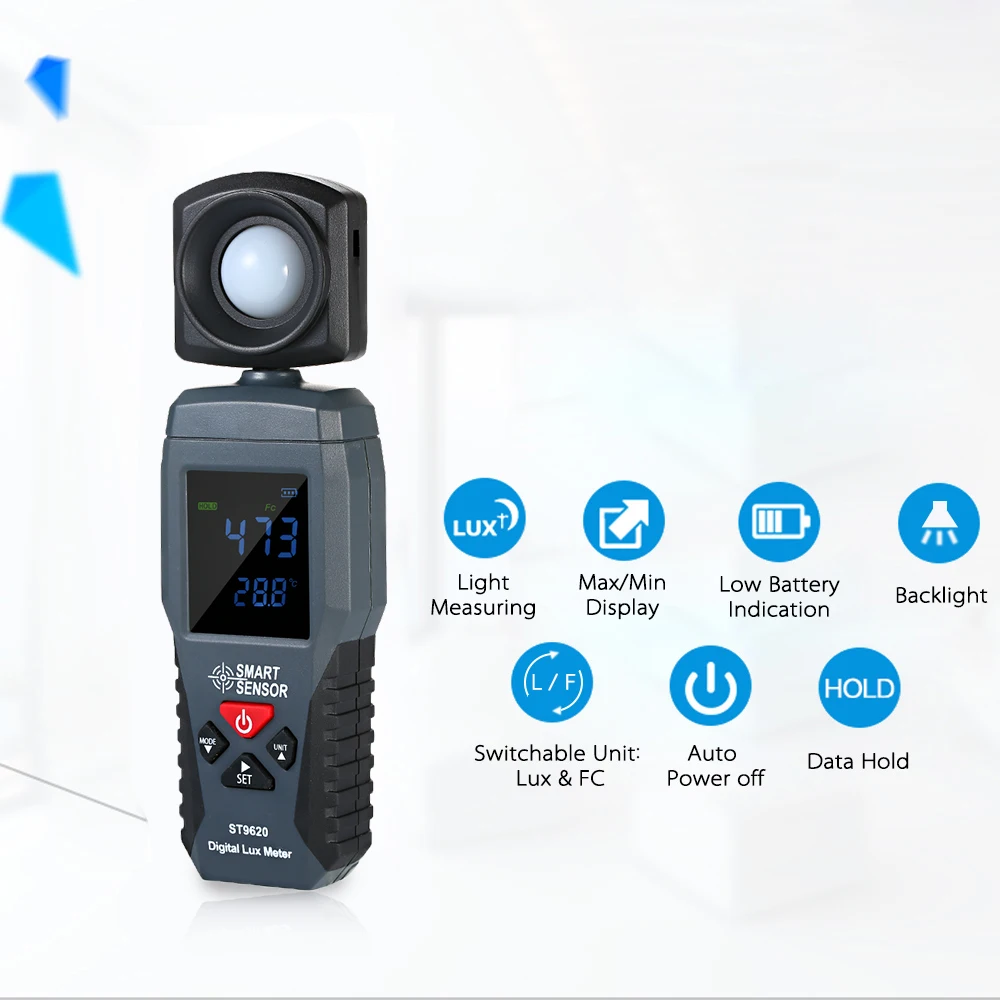 ST9620 Luxmètre numérique luminomètre portatif outils de mesure d'éclairement lumineux 1-200000 Lux écran LCD,