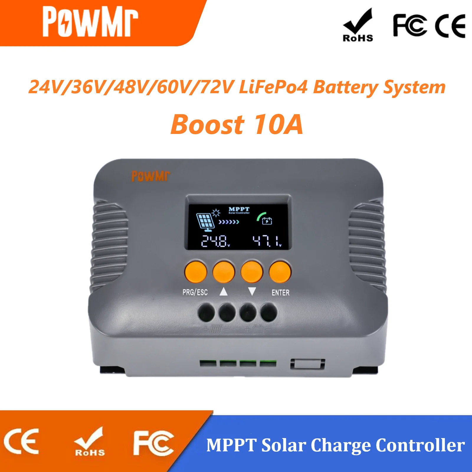PowMr 10A Boost MPPT Solar Charge Controller Suitable for 24V/36V/48V/60V/72V Lead-acid LiFePO4 Battery Max PV 400W LCD Display