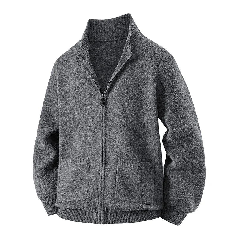 

Мужской вязаный кардиган на молнии с высоким воротником, свободный крой, однотонный, осенне-зимний, модный, теплый, утолщенный