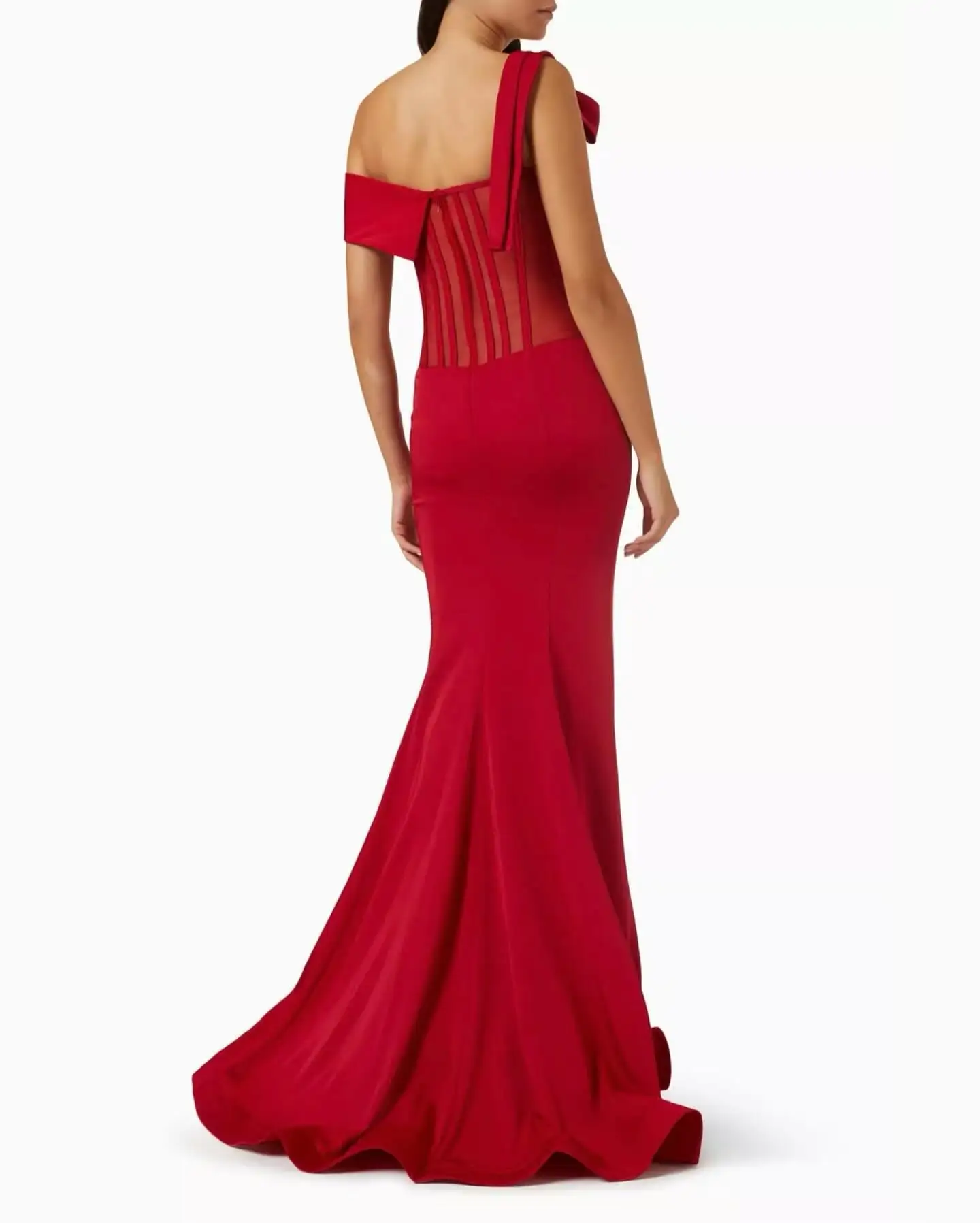 Customized Formal Bow Jersey Off the Shoulder Mermaid Red Evening Dresses Fashion  Short Sleeves Court Train Celebrity Gowns