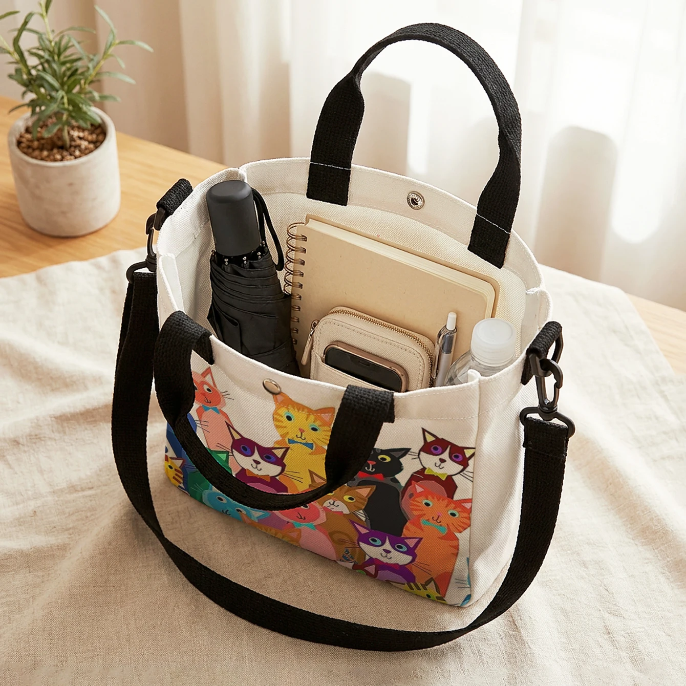 Cartoon Cat Print Canvas Tote Bag Detachable Strap Crossbody Handbag Magnetic Button Shopping Bag For Daily Commute Travel