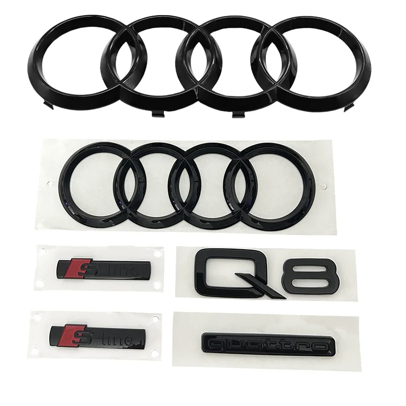 

AUDI Q8 4-Ring logo ABS Black Car Hood Front Grill Emblem Rear Trunk Badge Q8 Sticker Quarrto Sline Emblem For Q8 2018-2024