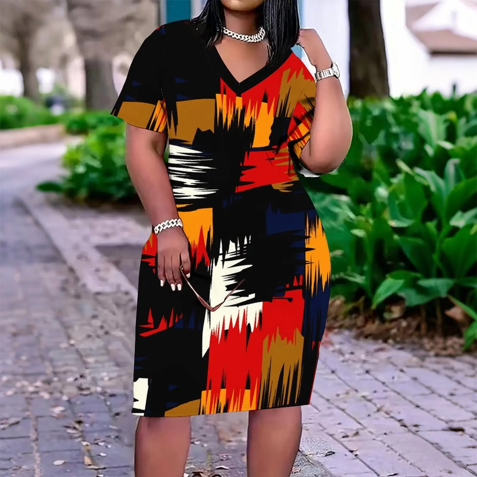 Retro Printed Short Sleeved Skirt Daily Street Wear Women's Sexy Slim Skirt Summer Ladies Dress Plus Size V-neck Mini Skirt
