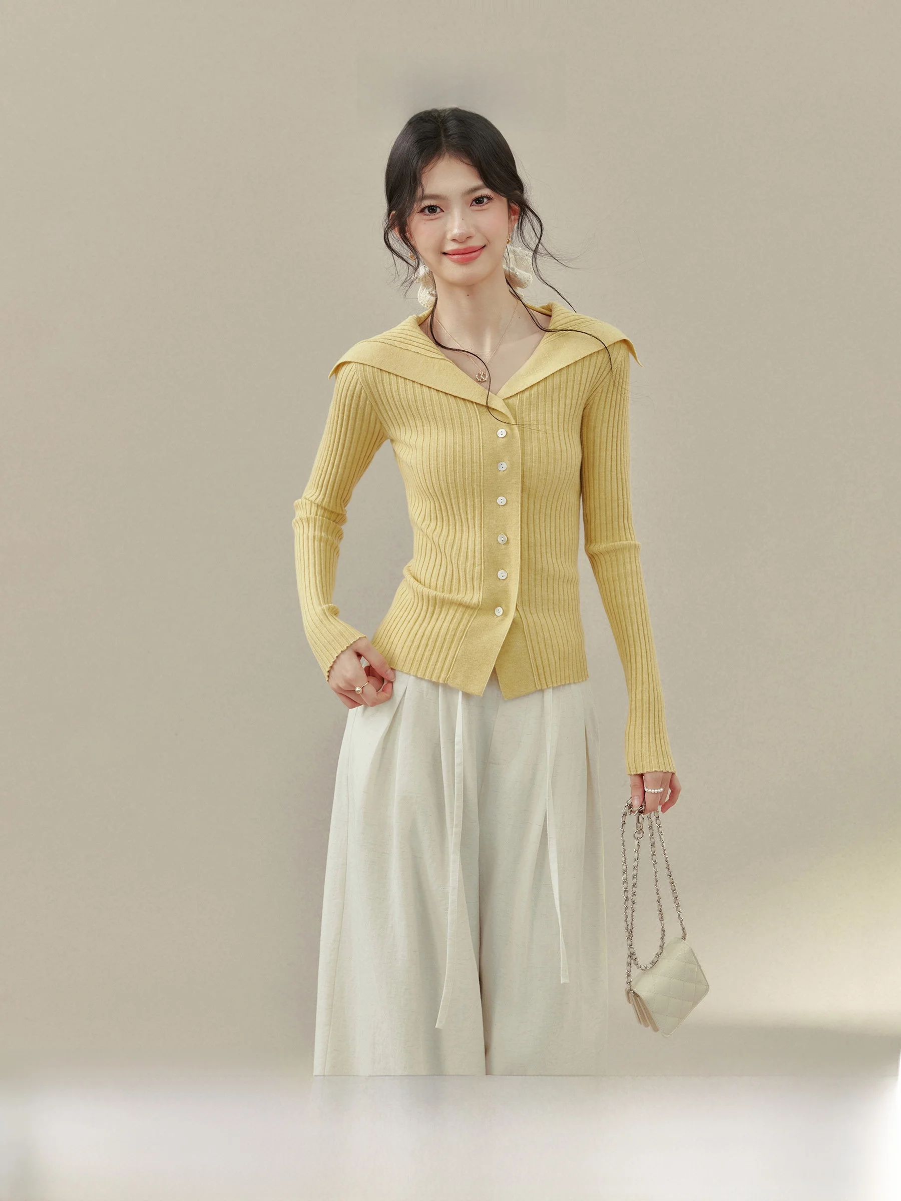 

Женский вязаный топ Ele желтого цвета для ранней осени, приталенный, на одной пуговице, романтичный, модный, с длинным рукавом, для ношения под одеждой