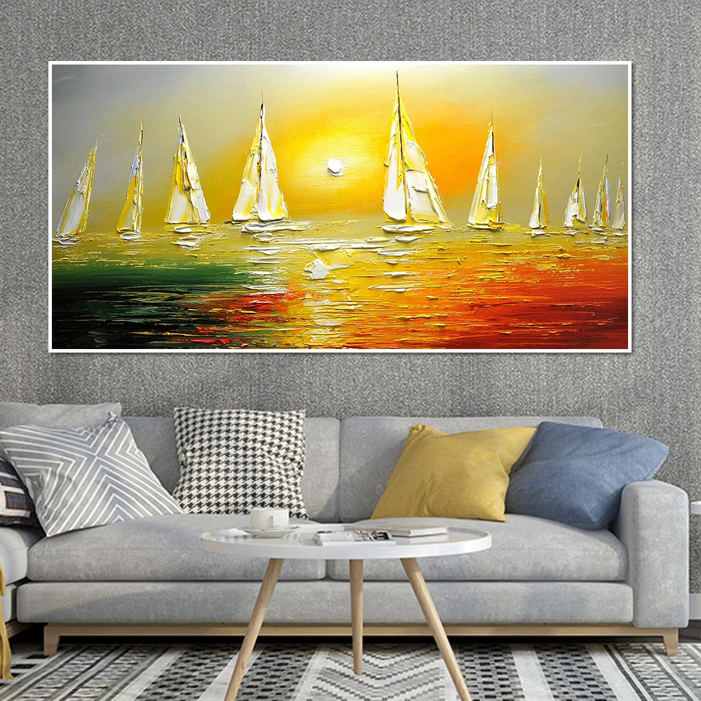 

Ocean Marina Landscape Canvas Oil Painting, Abstract Art Poster, Sailboat Picture, Living Room, Over Bed, Home Wall Decor