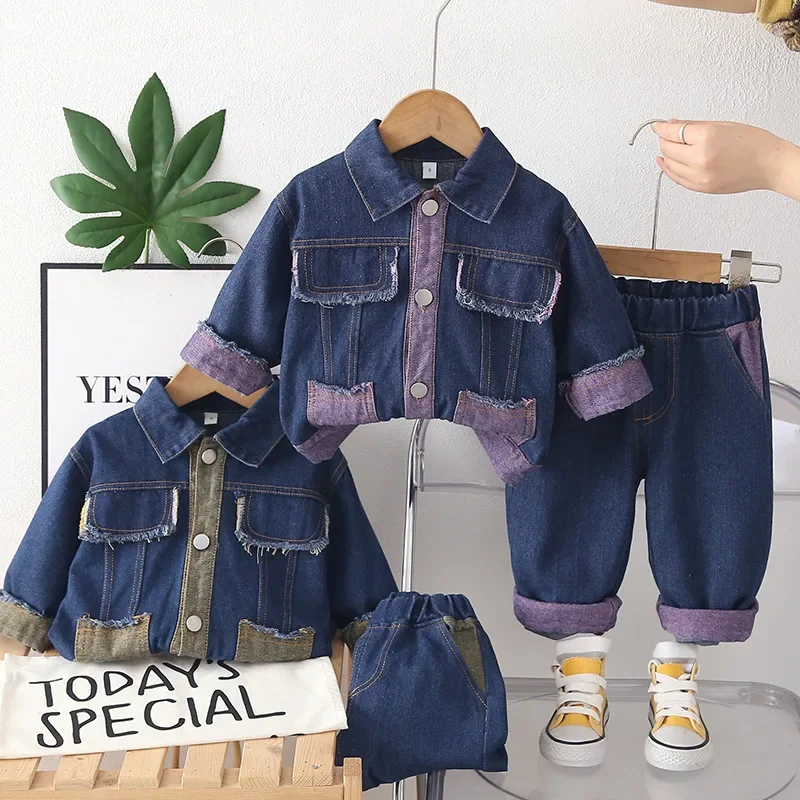 

2026 Spring Color Block Soft Denim 2PCS for Girls Toddler Fashion Denim Jacket Pants Outfit Kids Casual Wear