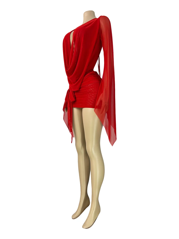 Modische Frühlings-Freizeitkleider für Damen, Transparentes Mesh-Kleid mit Tiefem V-Ausschnitt, Rückenfreies Langes Kleid mit Ausgestellten Ärmeln, Wickelkleid, Minikleid – Detail 13