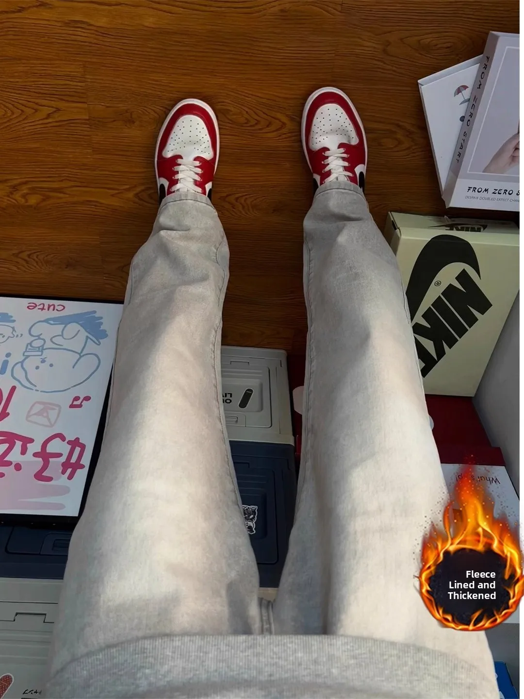 

ay Fce Lined Men's Jeans High Street American Sle Knife Slim Fit Straight Leg Long Trousers Youth Faion