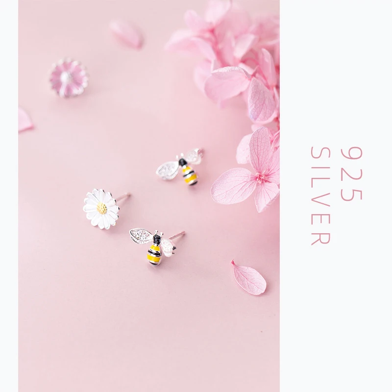 Modian New Arrival 100% 925 Sterling Silver Enamel Cute Bee & Flower Stud Earrings Fashion Insect Accessories For Women Jewelry