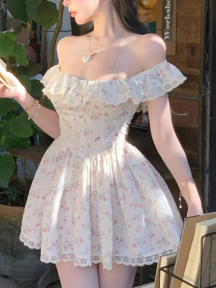 Francese Vintage Elegante Floreale Vestito Sottile Delle Donne di Estate Y2k Dolce Puro Desiderio Slash Neck Abiti Corti Harajuku Moda Nuovo 2025