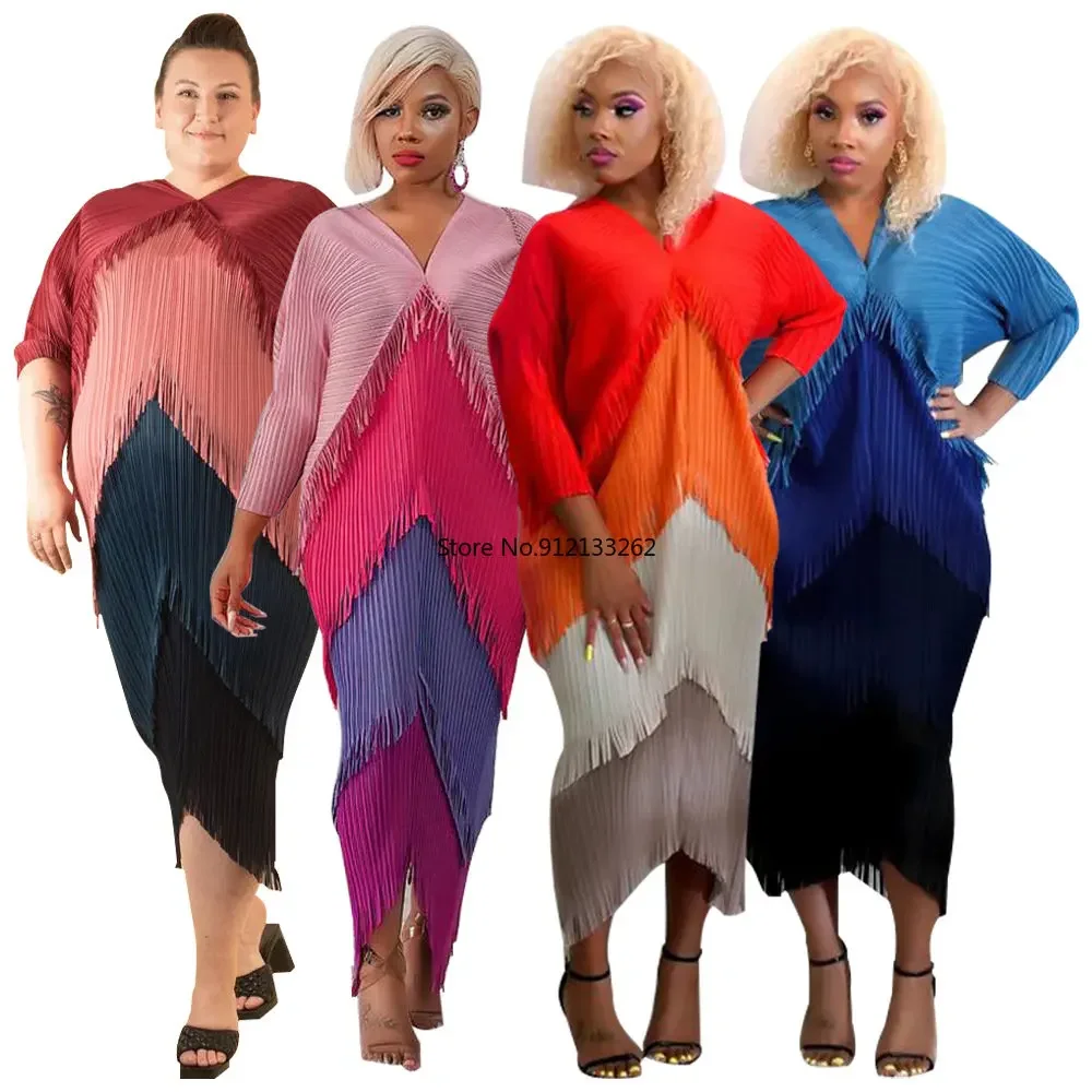 African Dresses for Women Spring Autumn African Women Long Sleeve V-neck Polyester Tassel Pleated Long Dress  Ankara Dresses