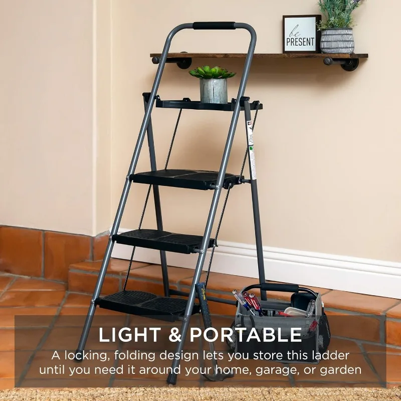 3-Step Ladder, Portable Folding Anti-Slip Step Stool w/Utility Tray, Hand Grip, Rubber Feet Caps, 330lb Capacity