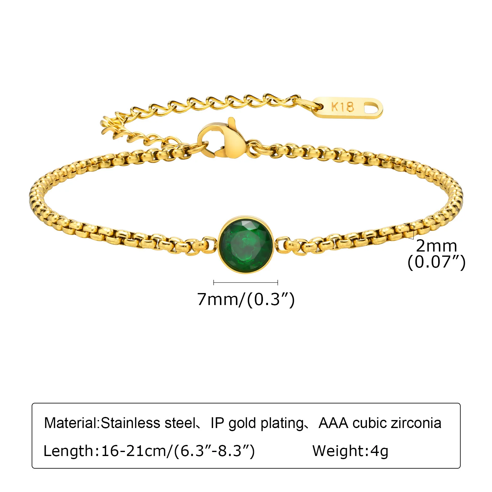 Vnox Women Box Chain Bracelet,Adjustale Gold Color Stainless Steel Metal Links with Green AAA CZ Stone Wristband,Vintage Jewelry